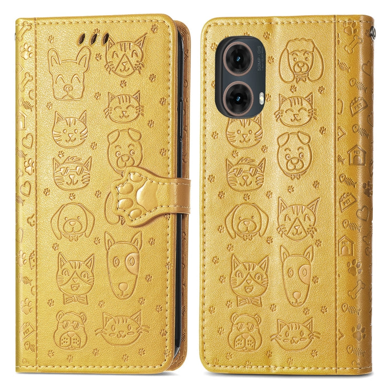 For Motorola Moto G85 Cat and Dog Embossed Leather Phone Case