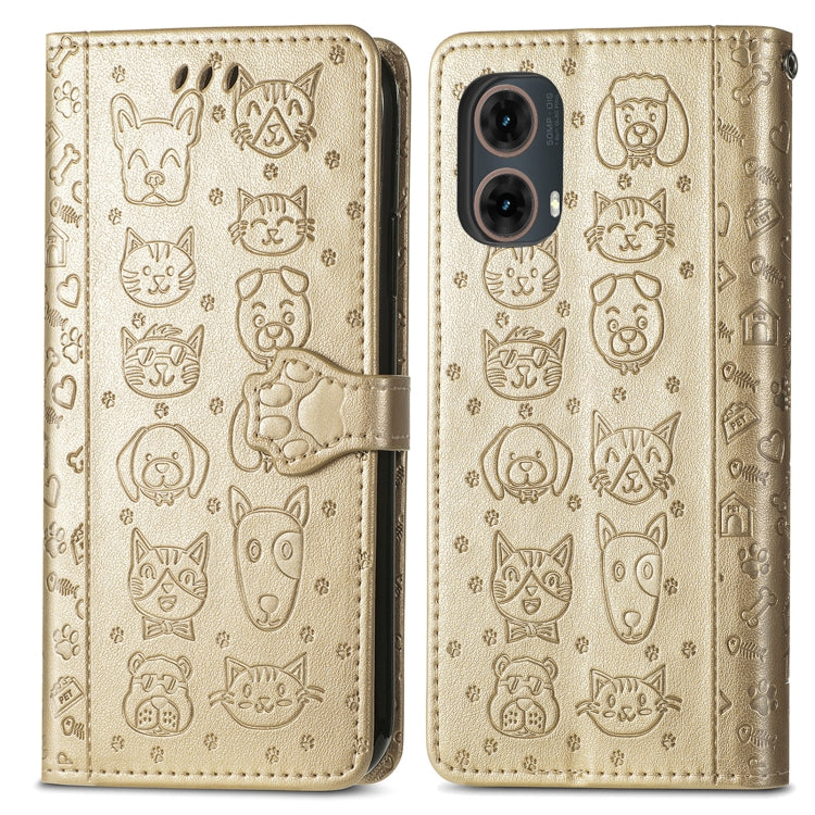 For Motorola Moto G85 Cat and Dog Embossed Leather Phone Case