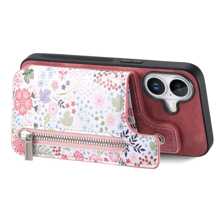 For iPhone 16 Retro Painted Zipper Wallet Back Phone Case