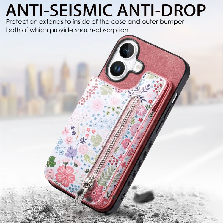For iPhone 16 Retro Painted Zipper Wallet Back Phone Case