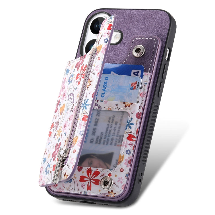 For iPhone 16 Retro Painted Zipper Wallet Back Phone Case