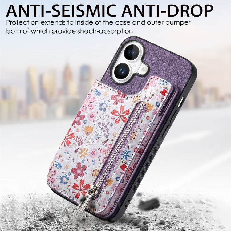For iPhone 16 Retro Painted Zipper Wallet Back Phone Case