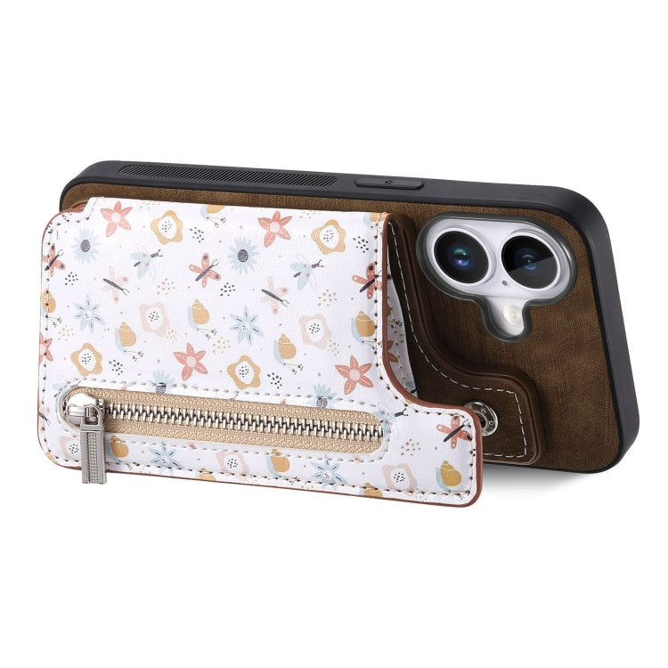 For iPhone 16 Retro Painted Zipper Wallet Back Phone Case