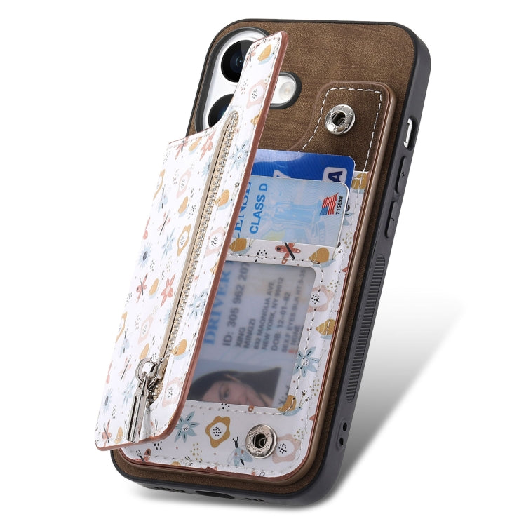 For iPhone 16 Retro Painted Zipper Wallet Back Phone Case