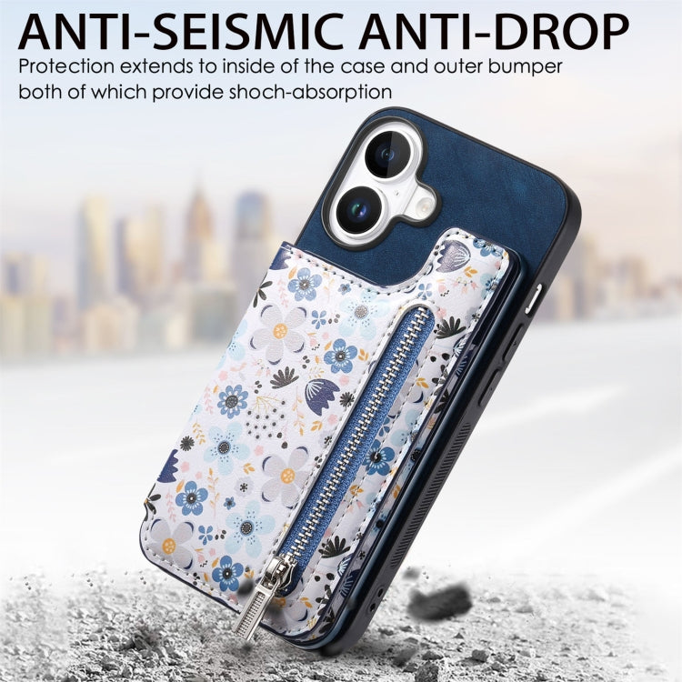 For iPhone 16 Retro Painted Zipper Wallet Back Phone Case