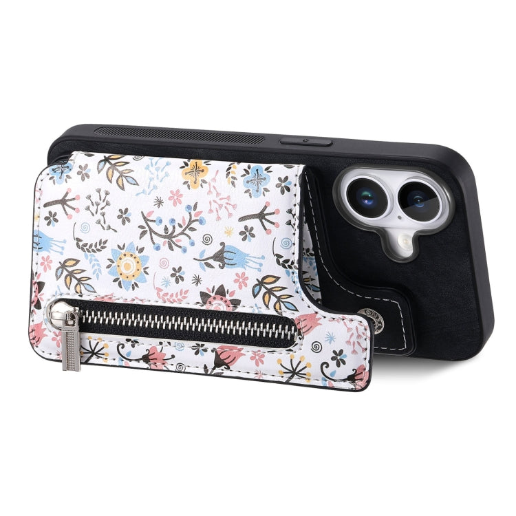 For iPhone 16 Retro Painted Zipper Wallet Back Phone Case