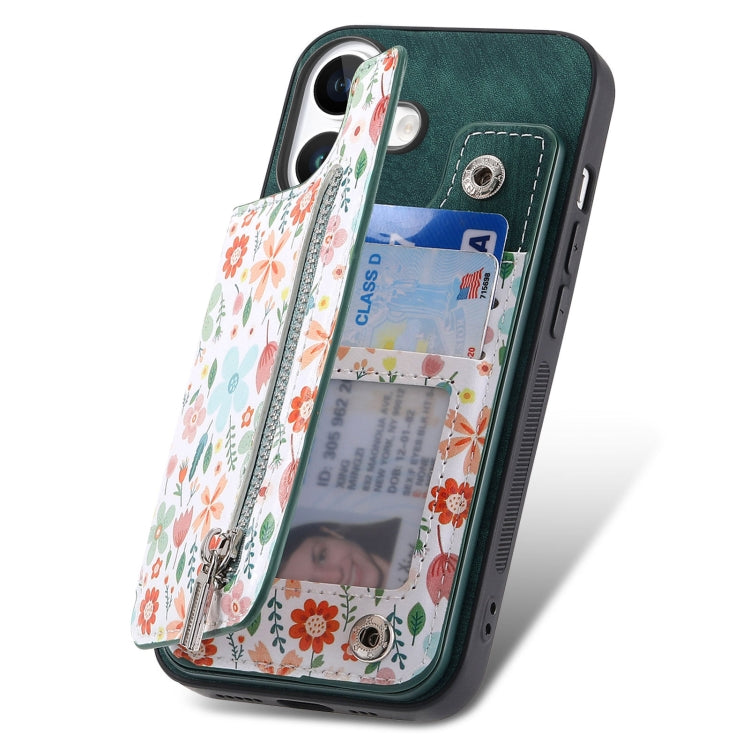For iPhone 16 Retro Painted Zipper Wallet Back Phone Case