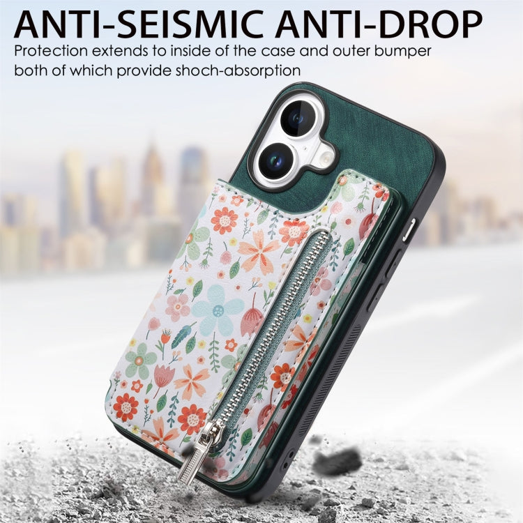 For iPhone 16 Retro Painted Zipper Wallet Back Phone Case