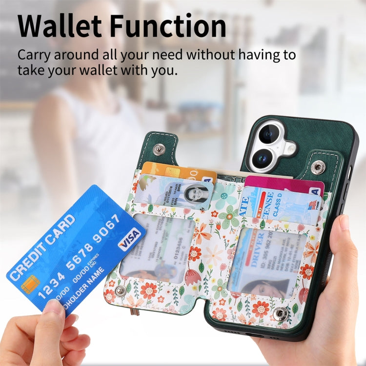 For iPhone 16 Retro Painted Zipper Wallet Back Phone Case