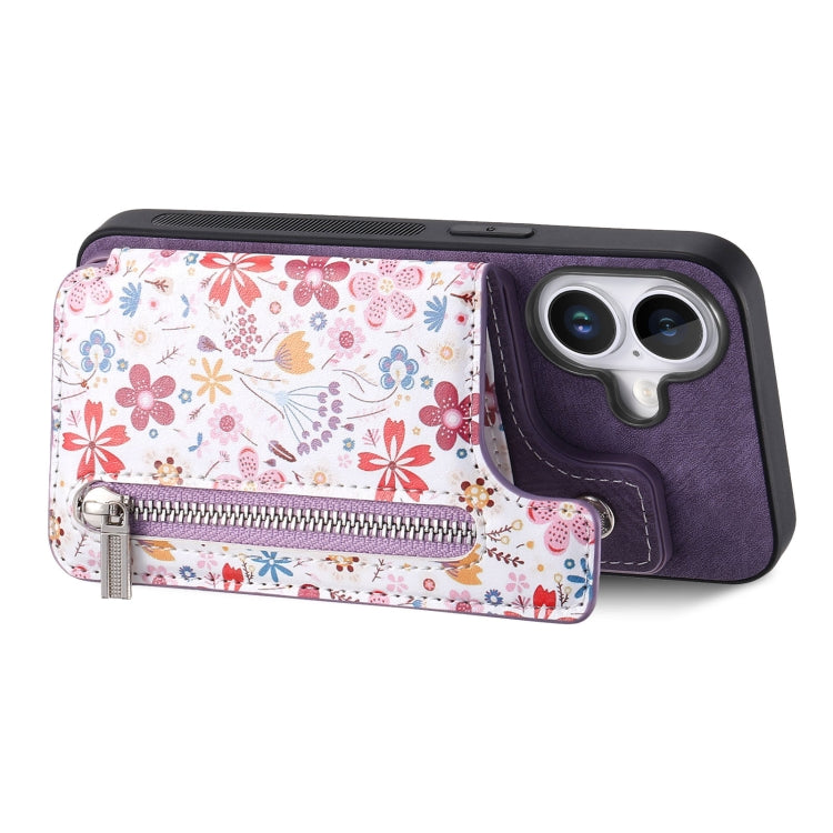 For iPhone 16 Plus Retro Painted Zipper Wallet Back Phone Case