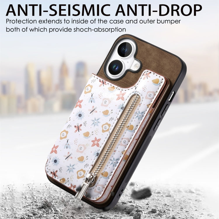 For iPhone 16 Plus Retro Painted Zipper Wallet Back Phone Case