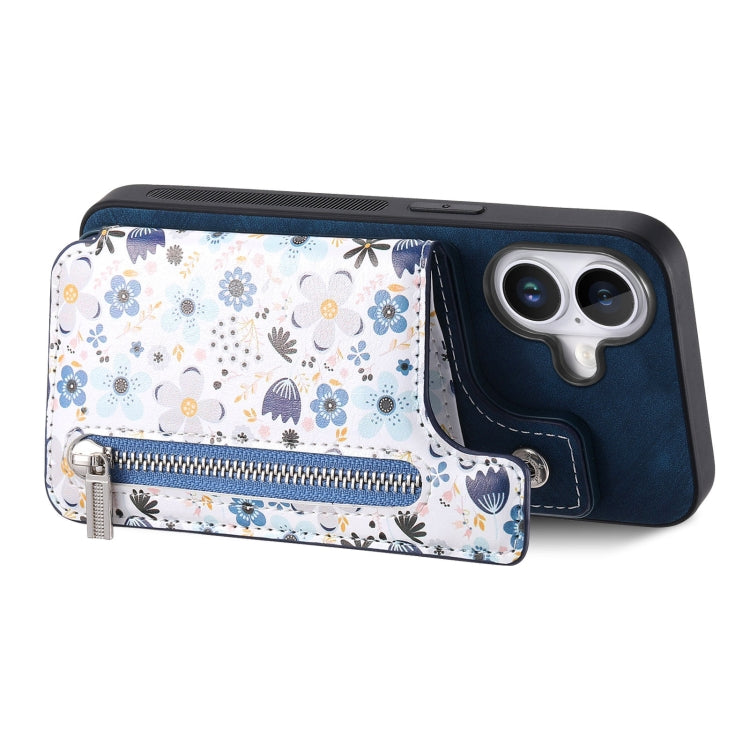 For iPhone 16 Plus Retro Painted Zipper Wallet Back Phone Case