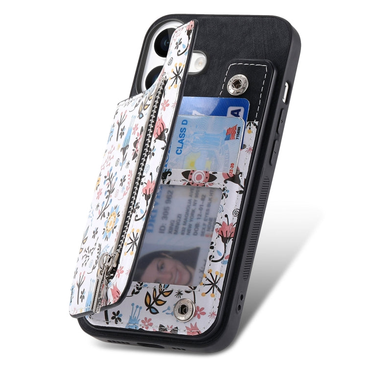 For iPhone 16 Plus Retro Painted Zipper Wallet Back Phone Case
