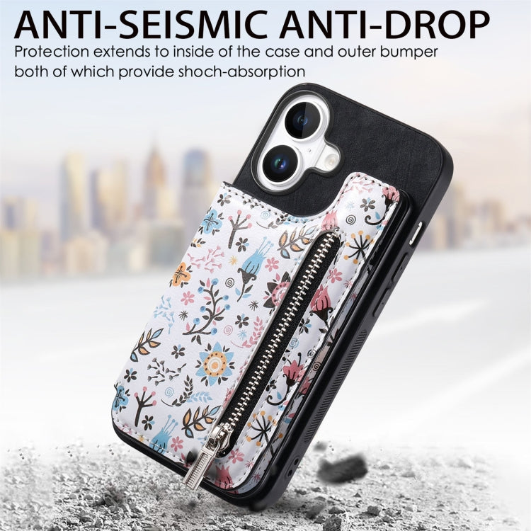 For iPhone 16 Plus Retro Painted Zipper Wallet Back Phone Case