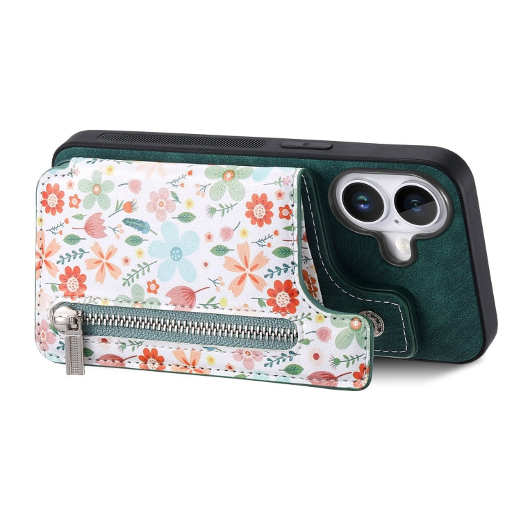 For iPhone 16 Plus Retro Painted Zipper Wallet Back Phone Case