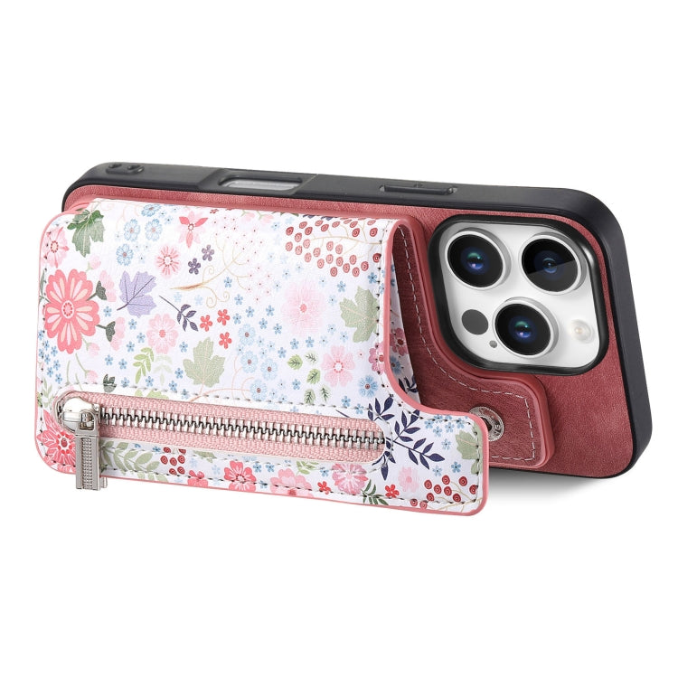 For iPhone 16 Pro Retro Painted Zipper Wallet Back Phone Case
