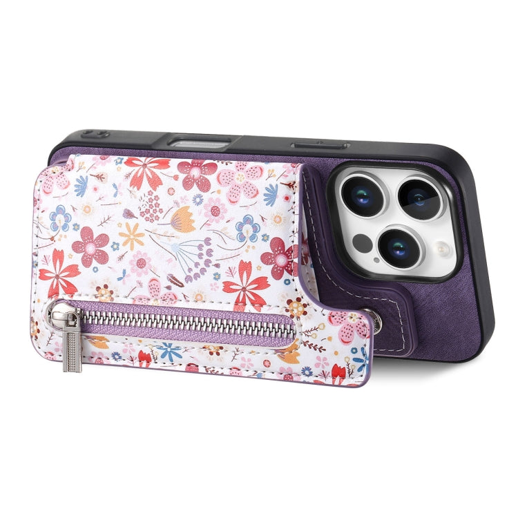 For iPhone 16 Pro Retro Painted Zipper Wallet Back Phone Case