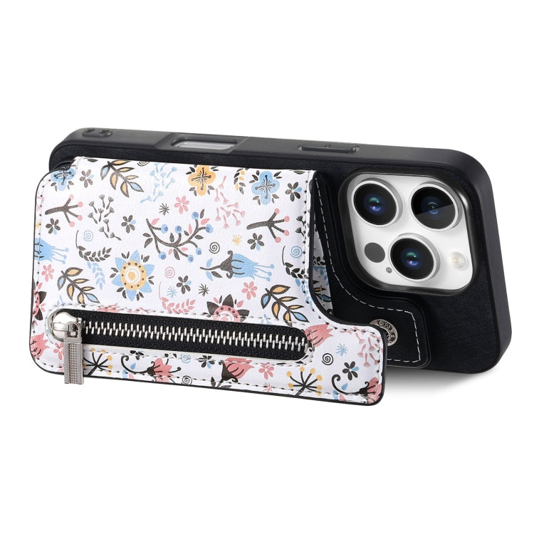 For iPhone 16 Pro Retro Painted Zipper Wallet Back Phone Case
