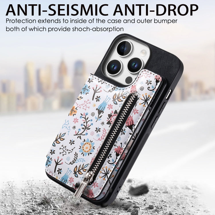 For iPhone 16 Pro Retro Painted Zipper Wallet Back Phone Case