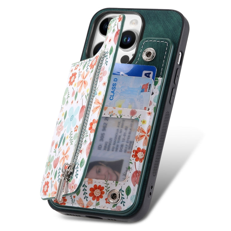 For iPhone 16 Pro Retro Painted Zipper Wallet Back Phone Case