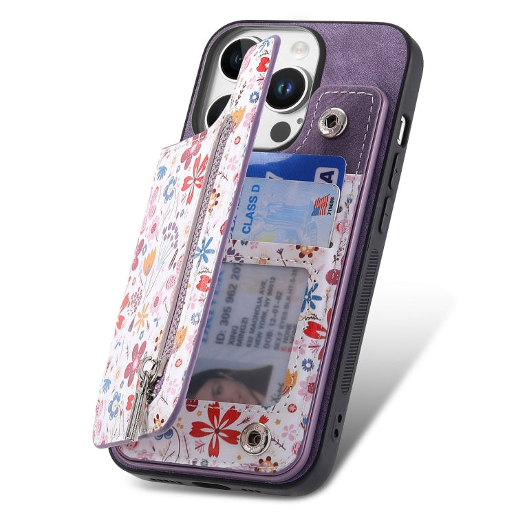 For iPhone 16 Pro Max Retro Painted Zipper Wallet Back Phone Case