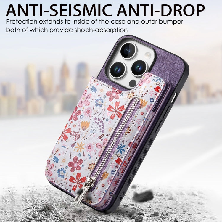 For iPhone 16 Pro Max Retro Painted Zipper Wallet Back Phone Case