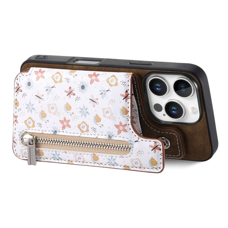 For iPhone 16 Pro Max Retro Painted Zipper Wallet Back Phone Case