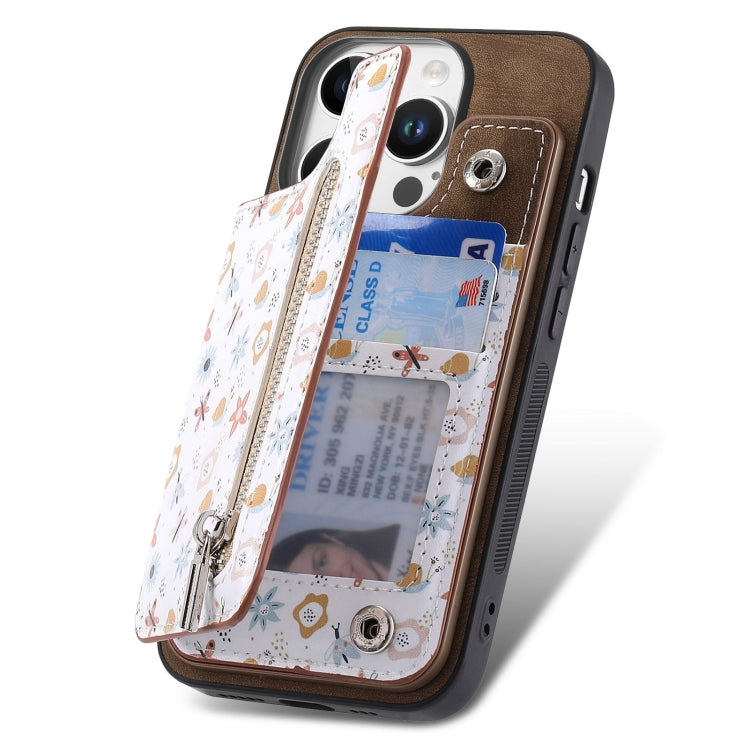 For iPhone 16 Pro Max Retro Painted Zipper Wallet Back Phone Case