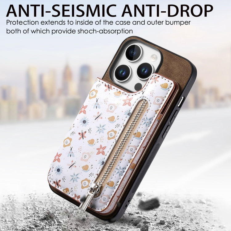 For iPhone 16 Pro Max Retro Painted Zipper Wallet Back Phone Case