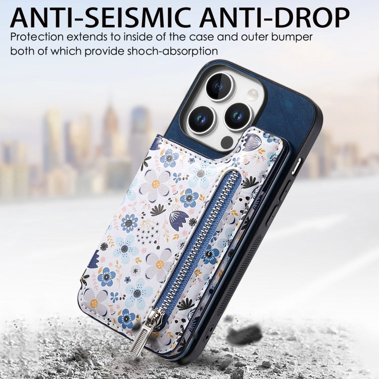 For iPhone 16 Pro Max Retro Painted Zipper Wallet Back Phone Case