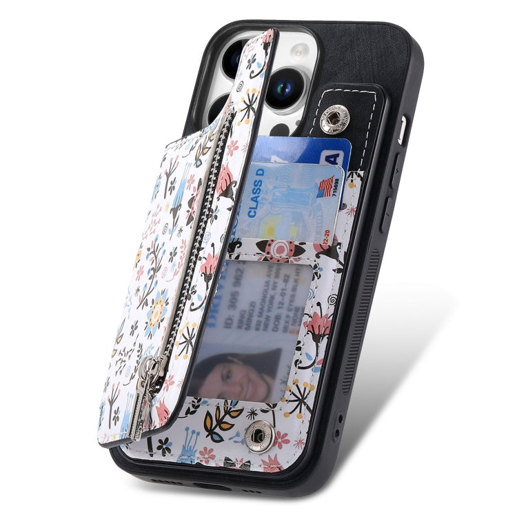 For iPhone 16 Pro Max Retro Painted Zipper Wallet Back Phone Case