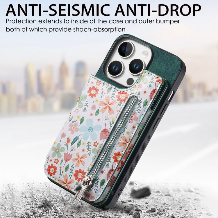 For iPhone 16 Pro Max Retro Painted Zipper Wallet Back Phone Case