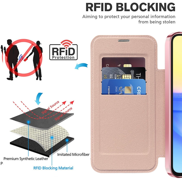 For Samsung Galaxy A15 Shield MagSafe RFID Anti-theft Leather Phone Case