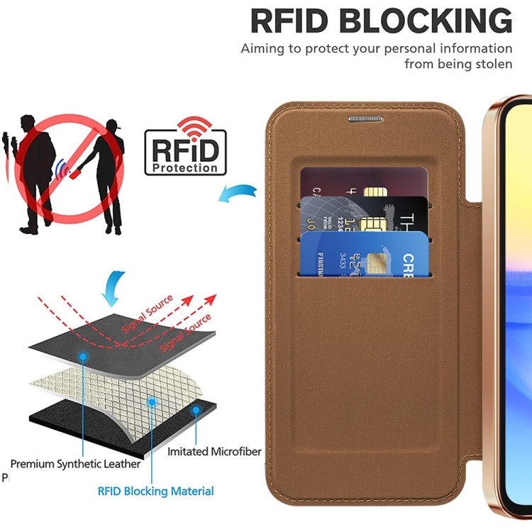 For Samsung Galaxy A15 Shield MagSafe RFID Anti-theft Leather Phone Case