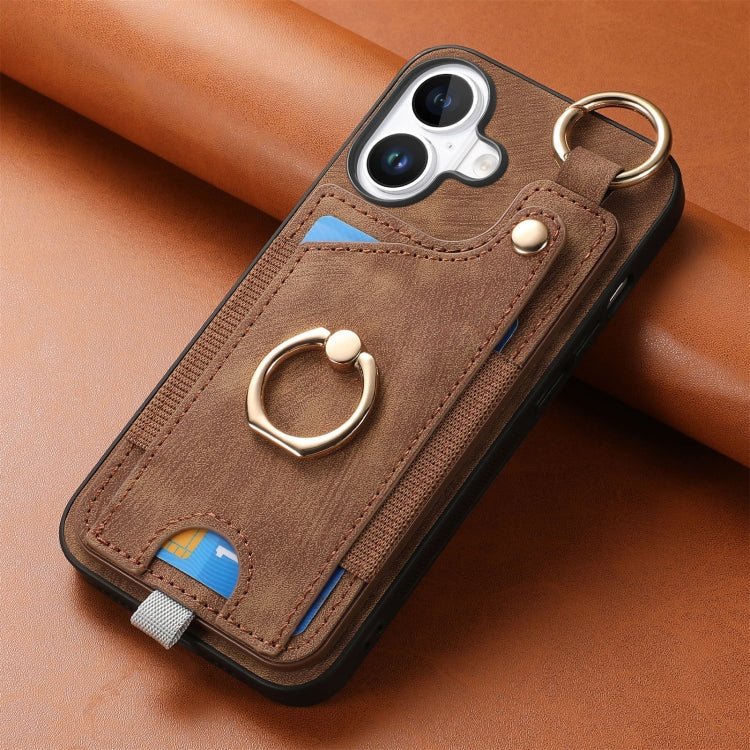 For iPhone 16 Retro Skin-feel Ring Card Bag Phone Case with Hang Loop