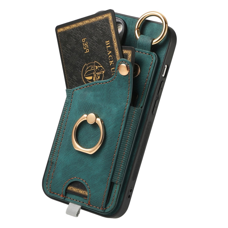 For iPhone 16 Retro Skin-feel Ring Card Bag Phone Case with Hang Loop