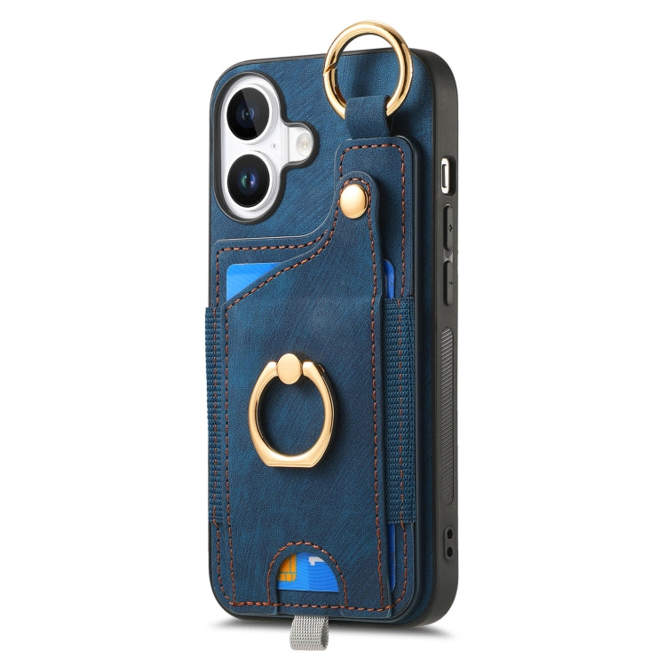 For iPhone 16 Retro Skin-feel Ring Card Bag Phone Case with Hang Loop
