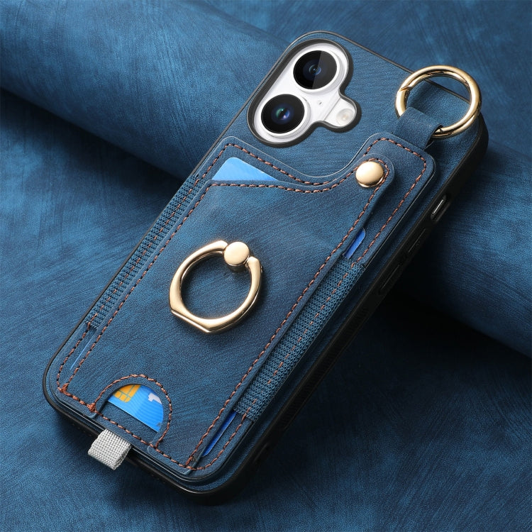 For iPhone 16 Retro Skin-feel Ring Card Bag Phone Case with Hang Loop