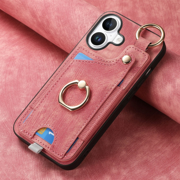 For iPhone 16 Retro Skin-feel Ring Card Bag Phone Case with Hang Loop