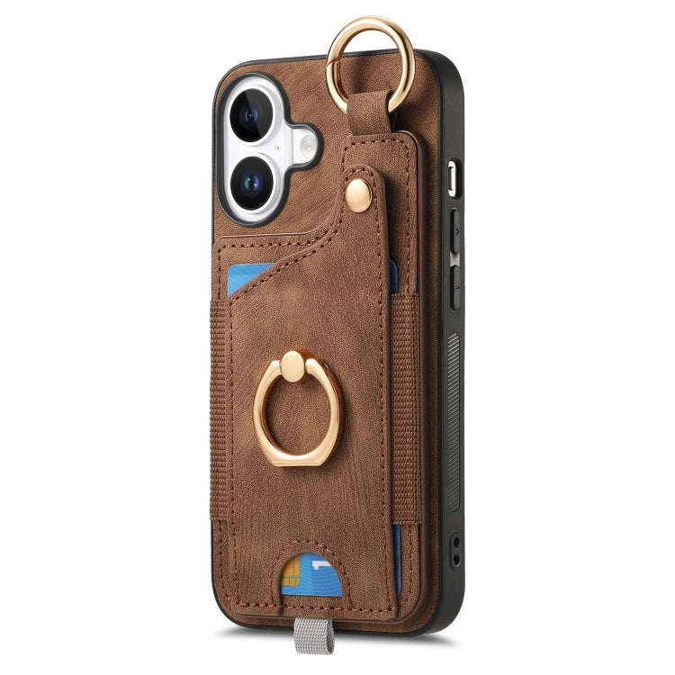 For iPhone 16 Plus Retro Skin-feel Ring Card Bag Phone Case with Hang Loop
