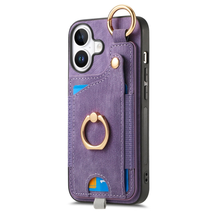For iPhone 16 Plus Retro Skin-feel Ring Card Bag Phone Case with Hang Loop