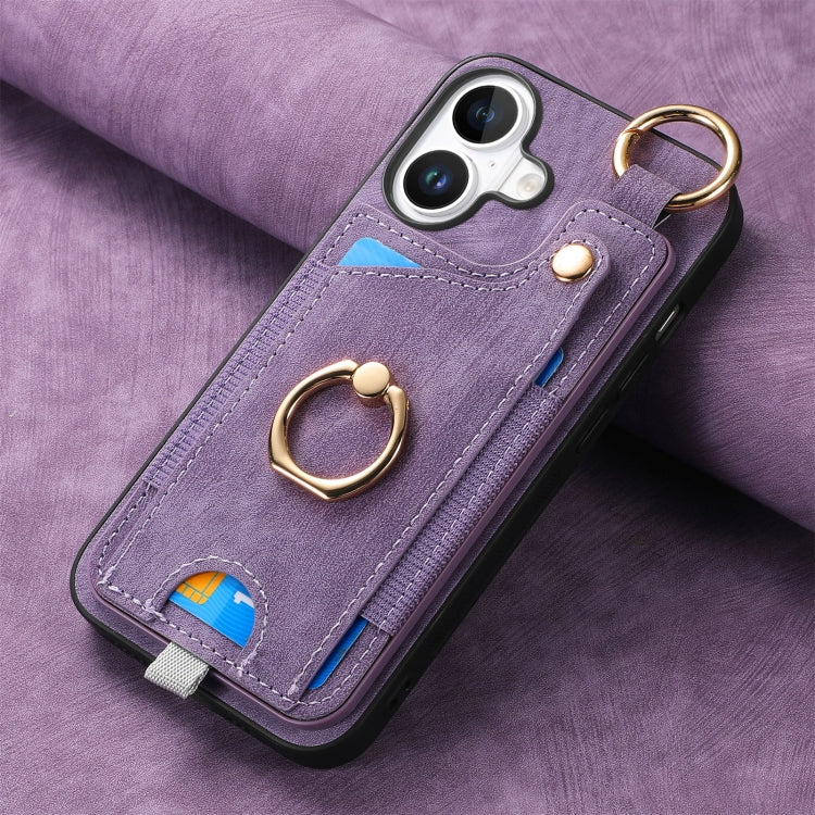 For iPhone 16 Plus Retro Skin-feel Ring Card Bag Phone Case with Hang Loop