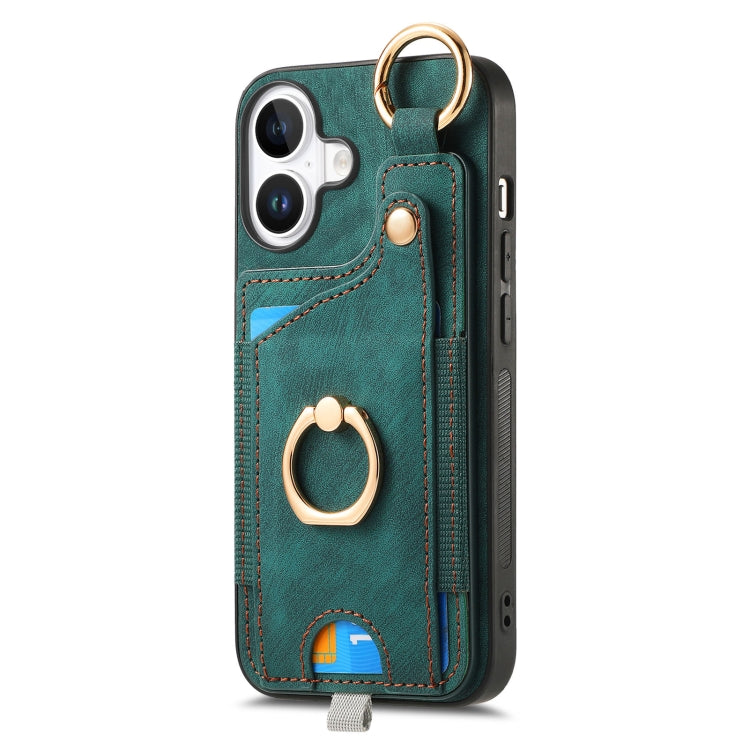 For iPhone 16 Plus Retro Skin-feel Ring Card Bag Phone Case with Hang Loop
