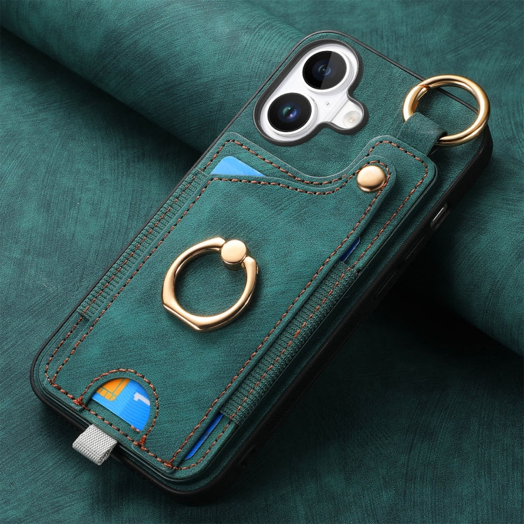For iPhone 16 Plus Retro Skin-feel Ring Card Bag Phone Case with Hang Loop