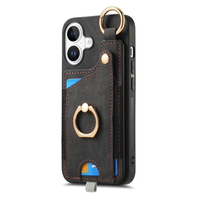 For iPhone 16 Plus Retro Skin-feel Ring Card Bag Phone Case with Hang Loop