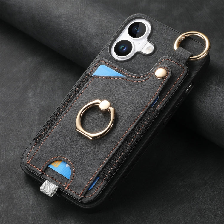 For iPhone 16 Plus Retro Skin-feel Ring Card Bag Phone Case with Hang Loop