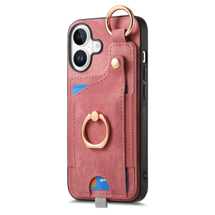 For iPhone 16 Plus Retro Skin-feel Ring Card Bag Phone Case with Hang Loop