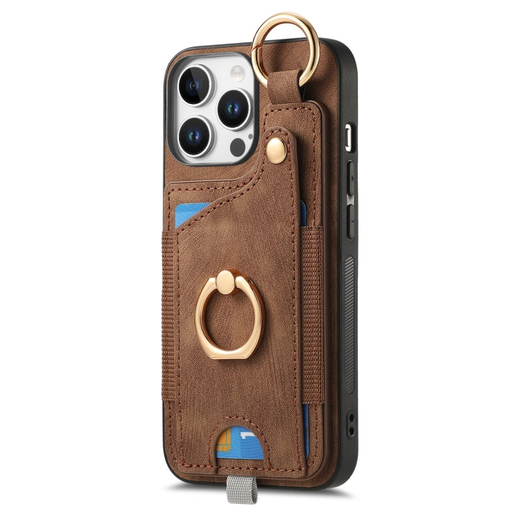 For iPhone 16 Pro Retro Skin-feel Ring Card Bag Phone Case with Hang Loop