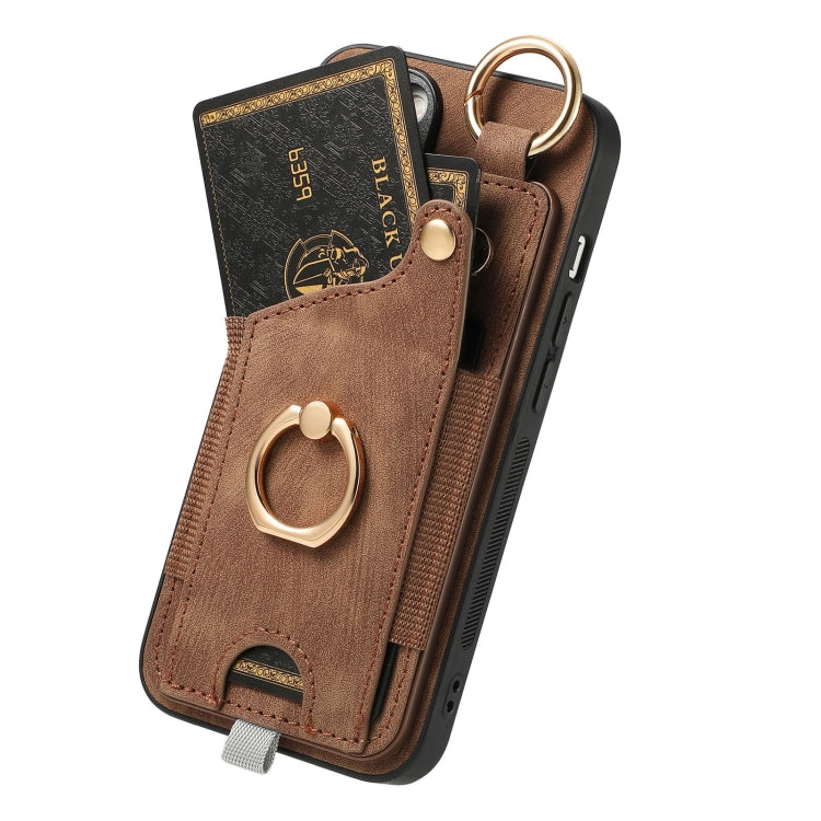For iPhone 16 Pro Retro Skin-feel Ring Card Bag Phone Case with Hang Loop