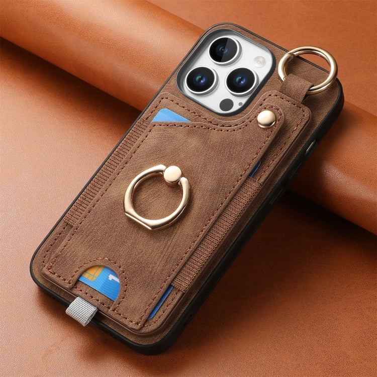 For iPhone 16 Pro Retro Skin-feel Ring Card Bag Phone Case with Hang Loop